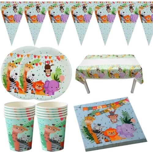 51pcs/lot Jungle Animals Theme Napkins Hanging Banner Birthday Party Flags Plates Cups Tablecloth Decorate Kids Favors Bunting
