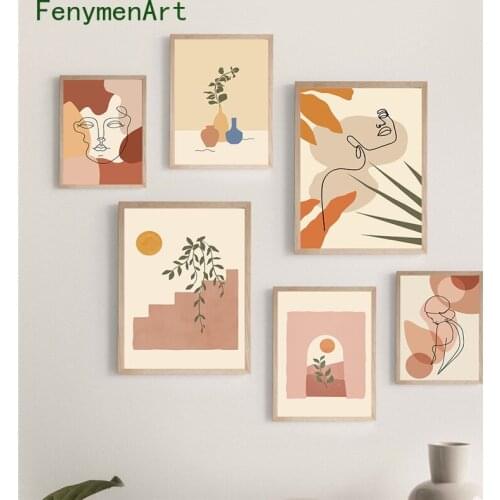 Abstract Lines Characters Leaves Canvas Painting Sun Plant Woman Poster Print Nordic Wall Art Picture Living Room Home Decor