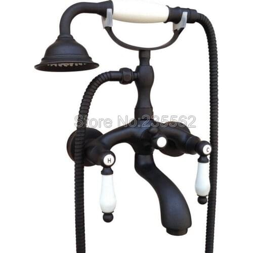 Bathroom Black Oil Rubbed Bronze Wall Mounted Bathtub Faucet Dual Handle Shower Mixer Tap with Ceramic Handheld Spray ltf574