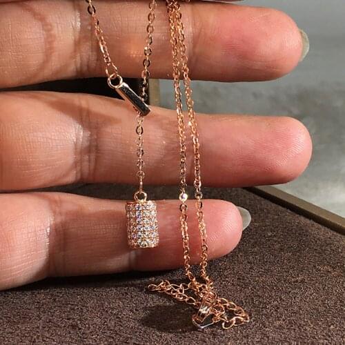 10K Rose Gold Women Pendants Necklaces Moissanite Diamond Cylindrical Cylinder Wedding Anniversary Engagement Party Gift
