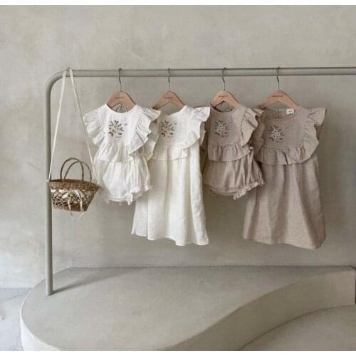 Baby Girls Dress Summer New Kids Korean Ruffle Flower Embroidery Dress Toddler Baby Cotton Rompers 1-7 Years Child Girl Clothing