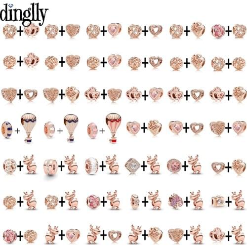 Dinglly Rose Gold Love Heart Beads Elk Hot Air Balloon Charm Fit Diy Bracelets & Necklace Women Girls Jewelry Accessories Beaded