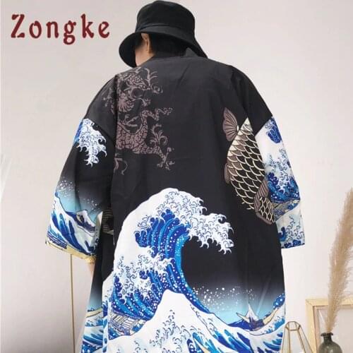 Zongke Japanese Kimono Cardigan Men Wave and Carp Print Long Kimono Cardigan Men Thin Mens Kimono Cardigan Jacket Coat 2021