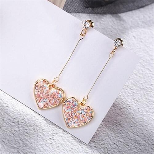 Korea Sweet Crystal Heart Long Earrings Small Fresh Pink Sequin Love Earrings For Women Female Oorbellen Pendientes Jewelry