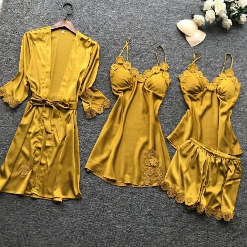 Lisacmvpnel 4 Pcs Women Satin Pajamas Embroidery With Chest Pad Sexy Sleepwear With Belt Cardigan Pyjama