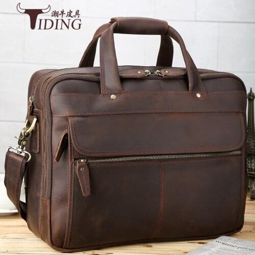 Men handbags crazy horse leather2017 man brand brown business casualgenuine leather shoulder travel bags male 16" laptop bags