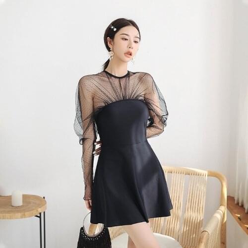 2021 New Korean Style Sexy One Piece Swimsuit Women Solid Swimwear Lace Long Sleeve Monokini Push Up Trikini Pad Bathing Suit