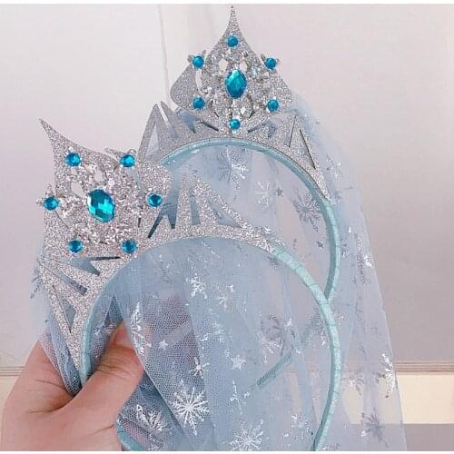 Cute Princess Imitation Blue Crystal Crown Yarn Hairbands Snowflake Headdress for Girls Simple Children Fashion Hair Accessories