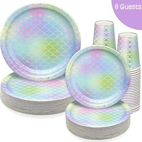 Mermaid Disposable Tableware Services 8 Guests Mermaid Plate/Napkins/Cups Under The Sea 1 2 3 Happy Birthday Party Decor Kids