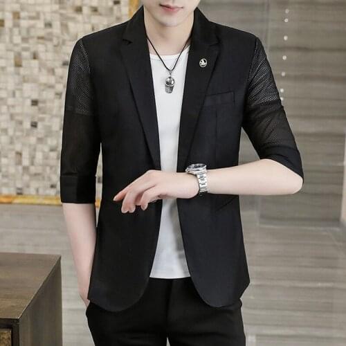 Summer Men Blazers Hollow Out Thin Sunscreen Suit Jacket Mens Solid Color 3/4sleeve Business Striped Stretch Casual Dress Coat