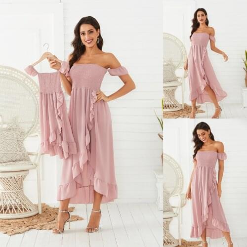 Mother Daughter Dresse Off Shoulder Strapless Irregular Ruffles Beach Dress Family Match Cloth Girl Clothes Mom And Girls Cloth