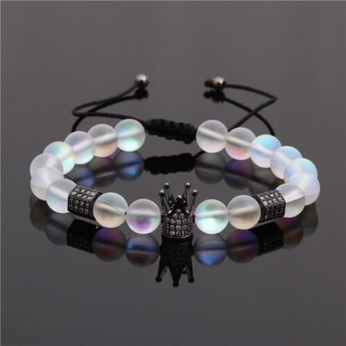 Luxury New 8mm Frosted Moonstone Charm Mens Crown Bracelet DIY Handmade Micro-inlaid Zircon Hexagonal Column Pulling Braided