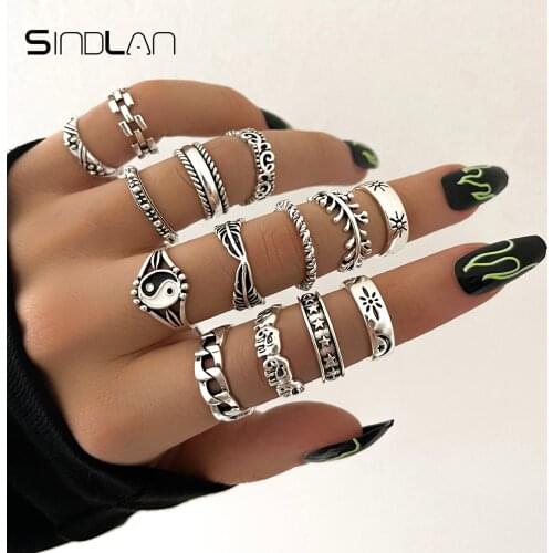 Sindlan 14Pcs Gothic Silver Color Tai Chi Rings for Women Boho Punk Star Couple Vintage Set Fashion Jewelry Anillos Mujer Bague