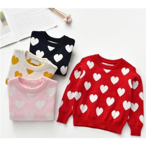 2021 Korean Infant Sweater Baby Kids Girls Boys Fashion Winter Crew Neck Love Heart Print Knit Pullover Tops New Year Clothing