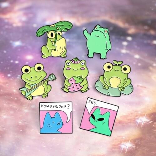 Funny Frog Alien Enamel Pin How are you？Green frog greet Alien cat Brooches Strawberry frog play the guitar Badges Jewelry Gifts