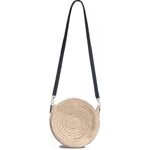 Jute Straw Leather Strap Detailed Round Knitted Beige Summer Stylish Casual Women Bag