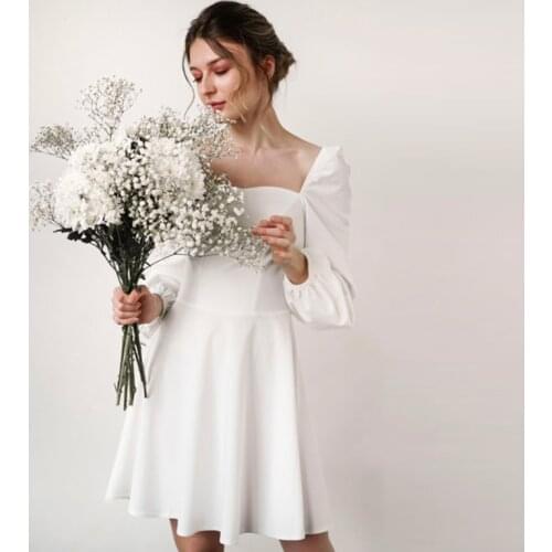 Nightclub Dresses For Women 2021 White Mini Puff Long Sleeve A-line Party Dress Solid Hepburn Style Fashionable