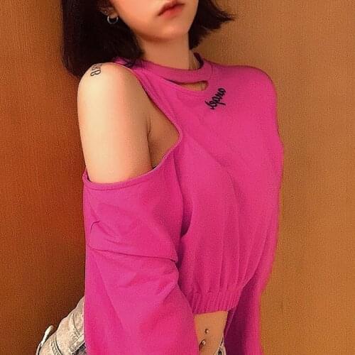 SEASONS Aesthetics Letter Embroidery Hollow Out Loosed Sweatshirts Hot Pink Open Shoulder Long Sleeve Crop Tops Autumn ASHO81722