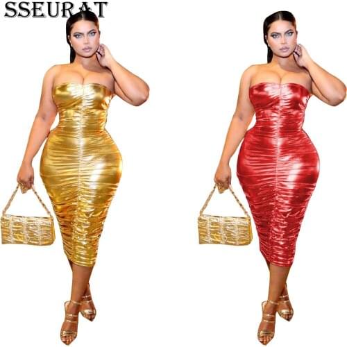 SSEURAT Sexy Summer Glitter Party Night Club Dresses for Women 2021 Strapless Pleated Backless Bodycon Pleated Midi Dress