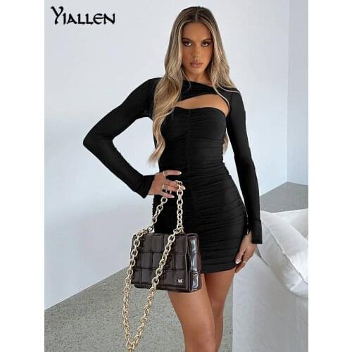 Yiallen Rose Red Mini Dress Women Lady Elegant Cleavage Skirt Simple Ruched Bodycon Waist Robe High Street Party Attirewear