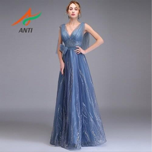 ANTI Royal Blue Evening Dresses 2019 Sexy V-neck Backless Robe De Soiree Bow Sashes Sleeveless Formal Party Long Gowns for Woman