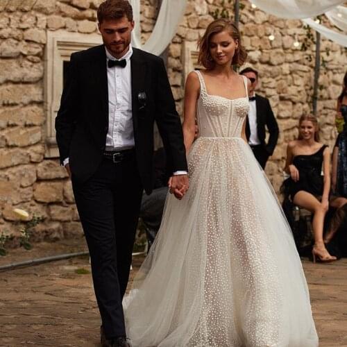 Vestido de Noivas Romantic Dots Tulle Wedding Dresses 2021 Straps Sexy Bride Dress Strapless Bodice Country Wedding Gowns