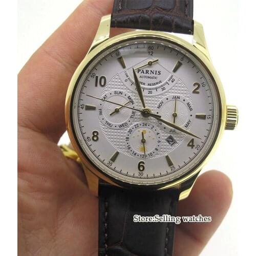 42mm parnis white dial Golden yellow case Multifunction Sapphire Glass 26 jewels miyota 9100 Automatic mens Watch