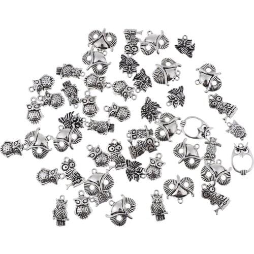 50pcs Antique Silver / Bronze Owl Charms Pendants Carfts DIY