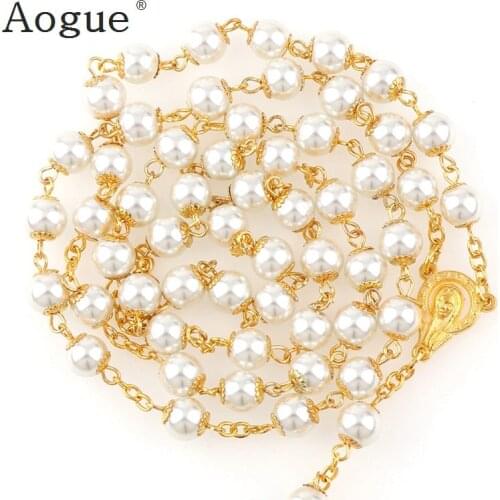 8mm Catholic Gold Capped White Pearl Rosary Necklace Baby Communion Baptism Favor Religious Gold Cross Virgin Mary Center