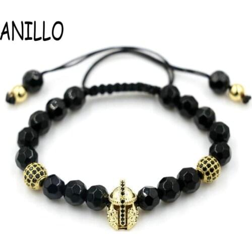 Luxury Brand Gold Color Pave Setting Cubic Helmet Irregular 8mm Beads Braided Macrame Bracelets For Men Women