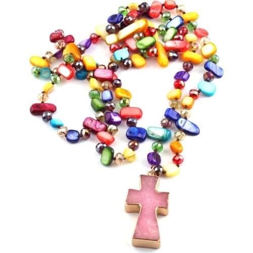Free Shipping Fashion Long Knotted Halsband Rainbow Color Crystal and Shell Cross Pendant Necklace