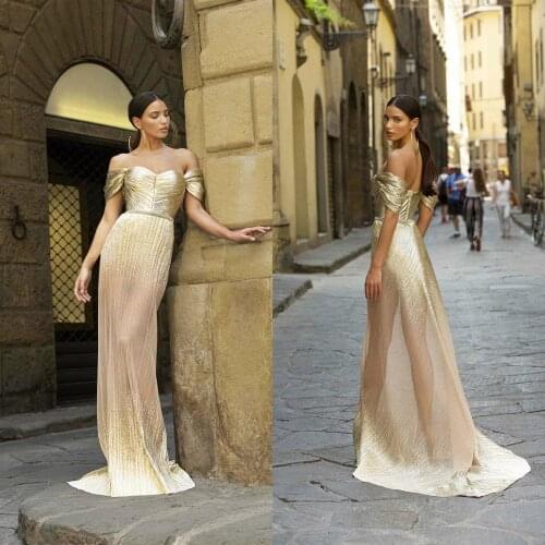 Sparkly Gold Evening Dresses Off The Shoulder Tulle Sweep Train Mermaid Prom Dress Party Special Occasion Dress Custom Made