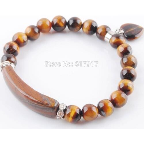 Natural Stone Beads Tiger Eye Strand Bracelets & Bangles Heart Shape Silver-color Fitting Women Jewelry Love Gifts TK3313