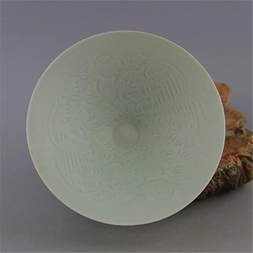 Song Dynasty Hutian Kiln Quaint Celadon Sculpture Doll Pattern Bamboo Hat Bowl