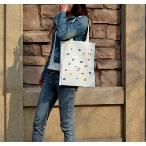 Women Canvas Shopping Bags Universe Printed Cotton Cloth Shoulder Bags Casual Handbags Tote for Girls With Zipper