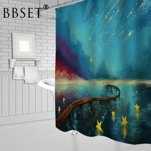 Oil Painting Shower Curtain Cartoons Gold Stars Night View Pattern Waterproof Multi-size Douchegordijn Bathroom Decor