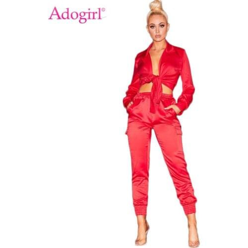 Adogirl Satin Two Piece Set Front Tie Long Sleeve Shirt Blouse Crop Top Pockets Pants Overalls Women Fashion Sexy Sets Outfits