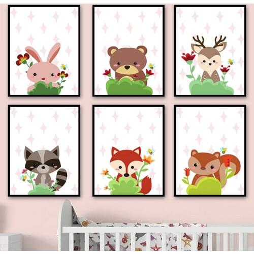 Rabbit Bear Fox Raccoon Squirrel Animal Wall Art Canvas Painting Nordic Posters And Prints Nursery Wall Pictures Kids Room Decor