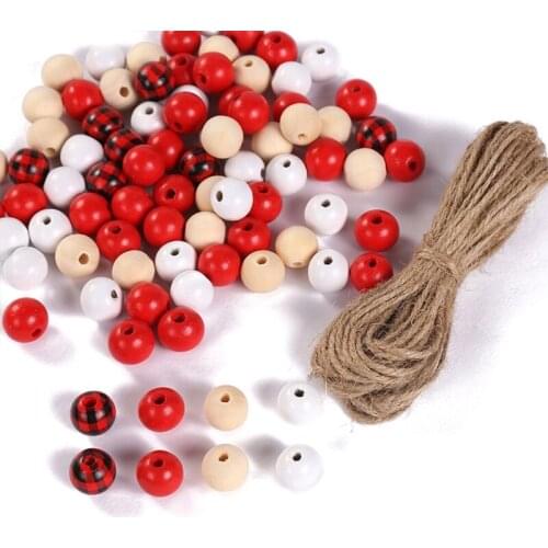 L5YC Halloween Thanksgiving Day Fall Christmas Wood Beads Plaid Beads Rustic Farmhouse Wooden Beads Print Check Beads
