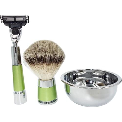 WLONG Finest Silvertip Pure Badger Hair Knot Shaving Brush Set with 3-Blade Razor and Soap Lather Mug Bowl Mens Beard Kit