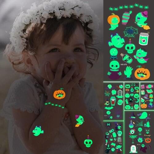 Halloween Temporary Tatoo Sticker Waterproof Pumpkin Head Magic Broom Medicine Ghost Skull Head Luminous Men Women Child Glowing