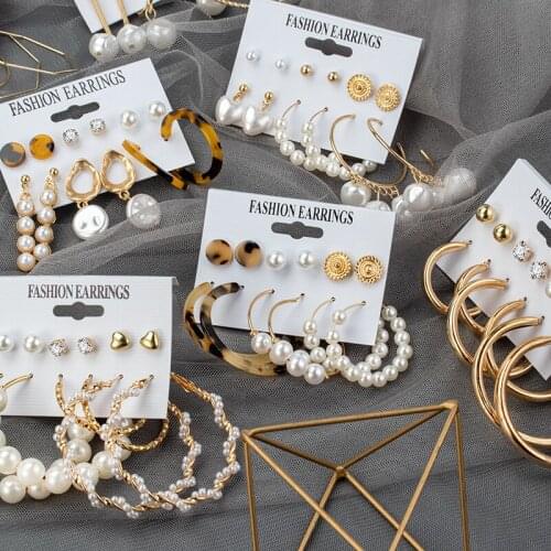 New Fashion Pearl Dangle Drop Earrings for Women 2020 Statement Geometric Big Round Hoop Earrings Set Korean female Jewelry