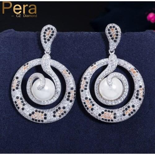 Pera Luxury Brand Cubic Zirconia Paved Round Pearl Dangle Drop Snake Pattern Earrings for Women Wedding Banquet Jewelry E472