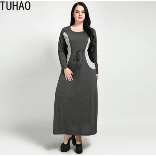 TUHAO Patchwork GREY Dresses Women Spring Vintage Loose Long Sleeve Elegant Vestidos Plus Size 7XL 6XL Dress RL