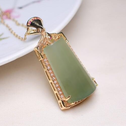 Natural green jade pendant with gold 925 sterling silver necklace drop necklaces pendants for women marcasite jewelry