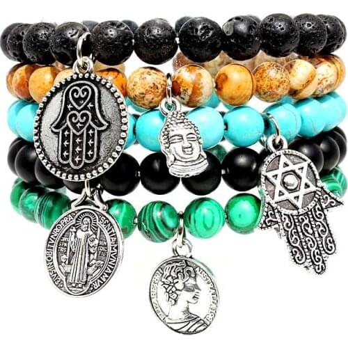 Sell Unisex bracelet Black Buddhist Lava Rock Stone stretch Bracelets alloy Charm bead pendant For Women Men Jewelry