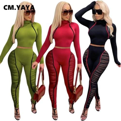 CM.YAYA Mesh Patchwork Two 2 Piece Set for Women Active Turtleneck Crop Tops Pants Sporty Tracksuit Fitness Matching Set Outfit