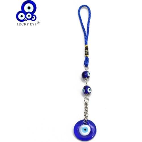 Lucky Eye Glass Blue Turkish Evil Eye Beads Pendant Wall Hanging Decor Rope Chain Decorations for Home Living Room Car BE161