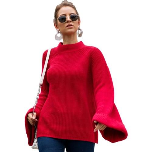 O-neck long Flare sleeve sweater Women Loose office Lady sweater Knitted high fashion sweater Solid color autumn winter jumper