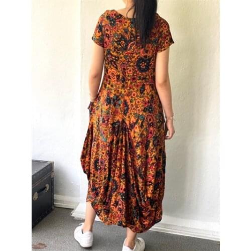 Vintage Women Floral Printed Sundress Spring Bohemian Long Sleeve Cotton Linen Midi Dress Casual Retro Vestido